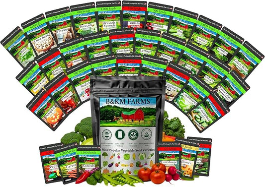 36 Pack Heirloom Vegetable & Herb Seeds 40,000 Count - Grown in USA Non-GMO Seeds for Planting Vegetables: B&KM Farms Premium Mylar Seed Packets Digital Growers Guide & Recipe Booklet