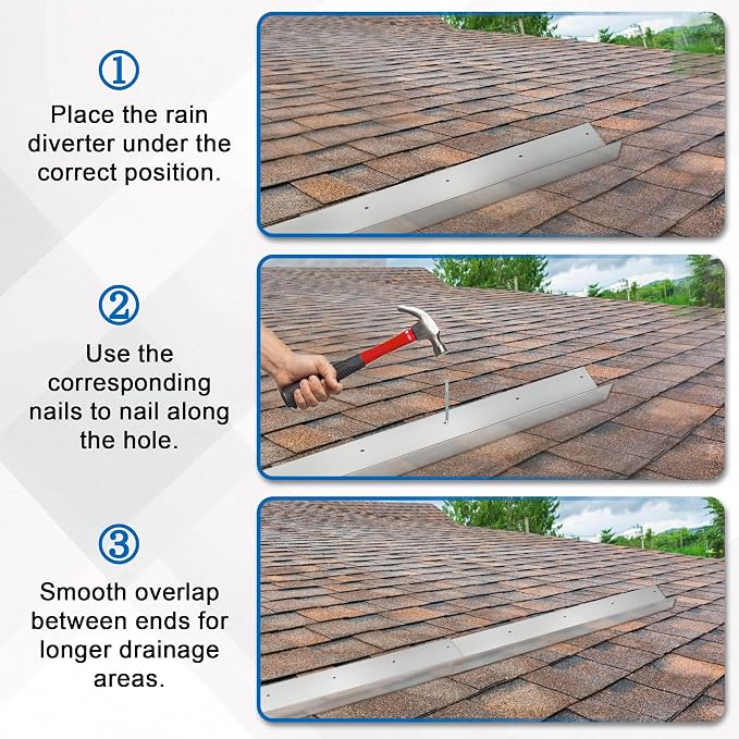 AIWFL 2PCS Roof Rain Diverter,3.28FT Rain Gutter Diverter Galvanized Steel Roofing Rainwater Diverter for House Shingle,0.06" Thick Rain Gutter Guards Diverter with 12 Corresponding Nails