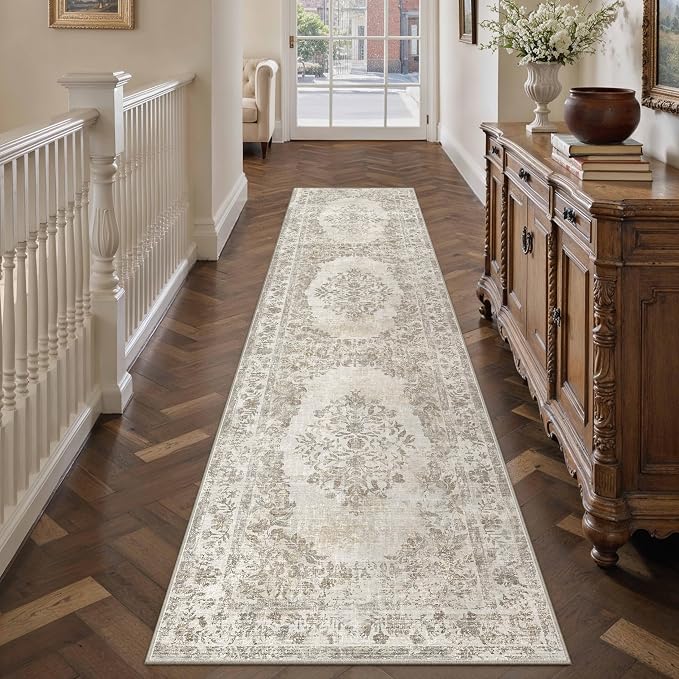 2.6x12 Washable Runner Rug Hallway Cream Beige Vintage Carpet | Soft Low Pile, Non Slip, Stain Resistant, Floral Medallion, Neutral Retro Decor for Kitchen, Entryway, Bathroom, Laundry Room
