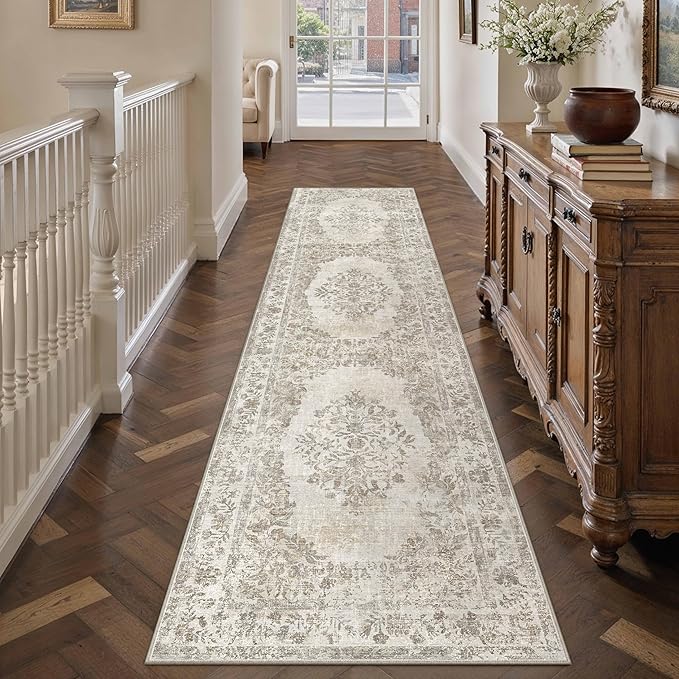 2.6x10 Washable Runner Rug Hallway Cream Beige Vintage Carpet | Soft Low Pile, Non Slip, Stain Resistant, Floral Medallion, Neutral Retro Decor for Kitchen, Entryway, Bathroom, Laundry Room