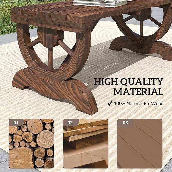 Outsunny 2-Person Wooden Garden Bench, Outdoor Wagon Wheel Porch Bench for Backyard Garden, Support 550 LBS, Rustic Country Style Patio Furniture, Brown