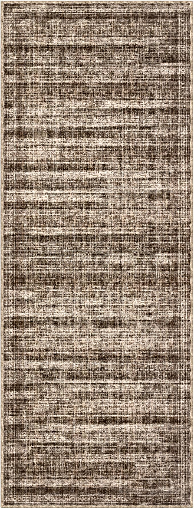 GarveeHome 2x10 Runner Rug for Hallway Washable Kitchen Rugs Non Slip Solid Coffee Modern Minimalism Soft Low-Pile Scalloped Indoor Carpet for Entryway Laundry Room Floor Mats
