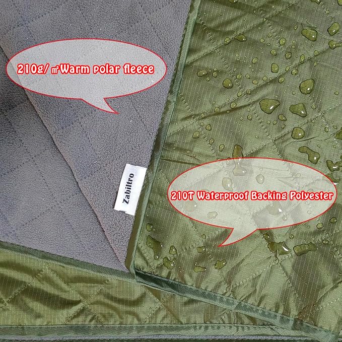 Large Outdoor Waterproof Blanket-Quilted Extra Thick Fleece Windproof Warm Includes Stuff Sack Shoulder Strap Machine Washable,55"x78"- Army Green