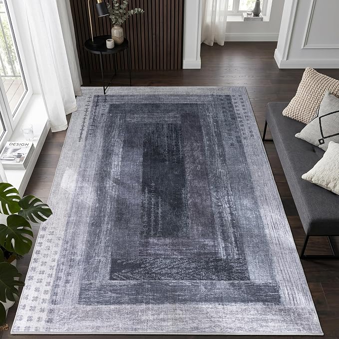 Neutral Geometric Grey 9x12 ft Large Rug for Living Room Bedroom | Contemporary Modern Area Rugs Vintage Washable Soft Faux Wool Low Pile Indoor Carpet for Dining Room Office Home Decor