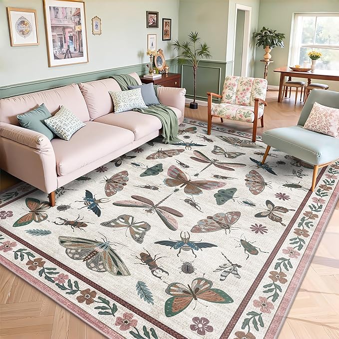 Area Rug 5x7, Insect Ultra Soft Washable Rug Non Slip with Rubber Back, Stain Resistant Rugs for Living Room, Bedroom, Dining Room, Kids Room(Pink Butterfly)