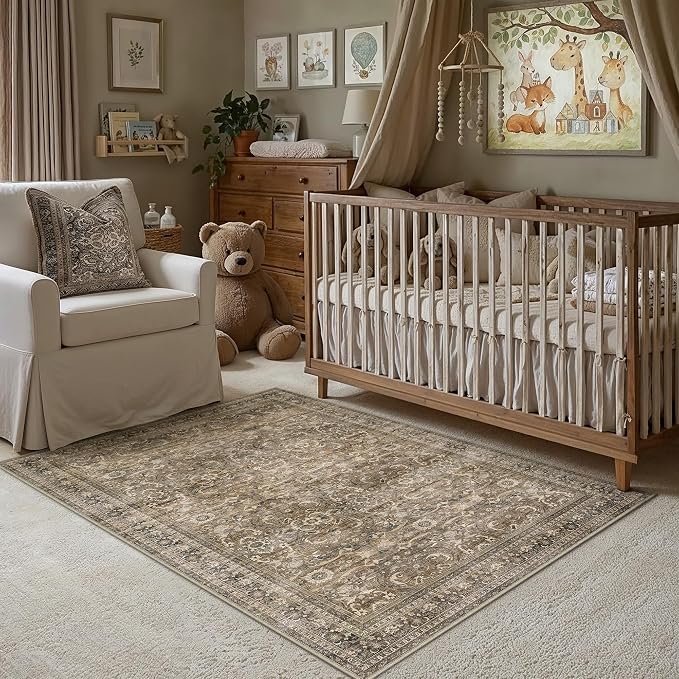 3x5 Washable Area Rug for Entryway,Brown | Vintage Floral,Thick Mid Pile, Non Slip,Soft Plush Rug for Kitchen, Bathroom, Bedroom, Door Mat
