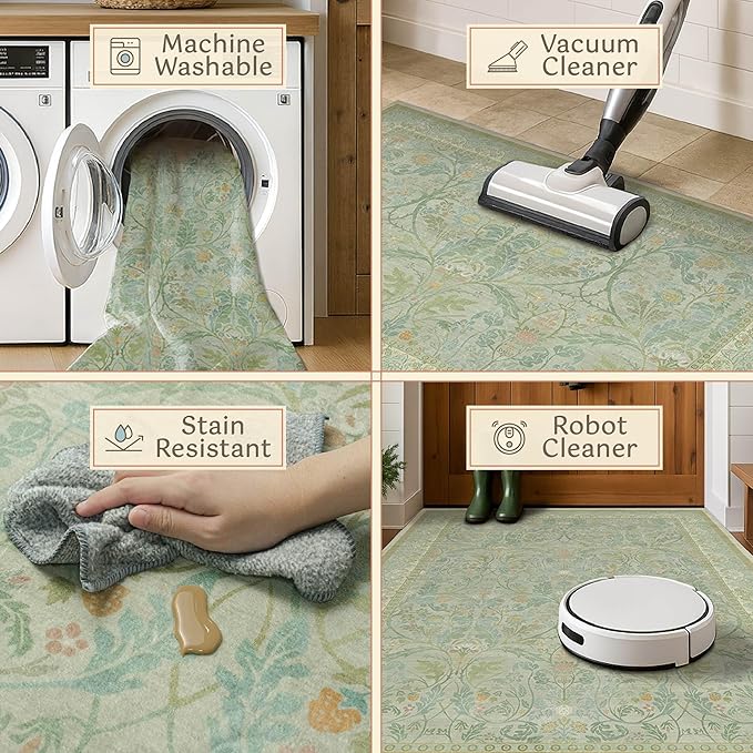 4x6 Cottagecore Living Room Area Rug, Machine Washable Floral Large Door Mats Indoor Entrance, Non Skid & Low Pile Soft Rugs for Kitchen, Reading Corner, Bedroom, Calm Corner (Sage Green)