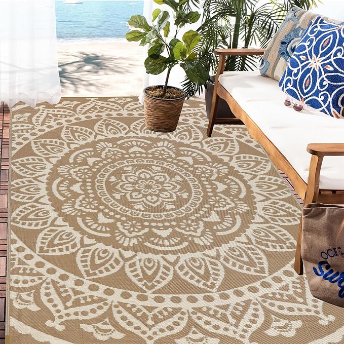 Bsmathom Waterproof Outdoor Rug 6'x9' Reversible Boho Plastic Straw Patio Deck Camping Rugs, Indoor Outdoor Portable RV Mat Clearance Carpet for Outside, Porch, Balcony, Backyard, Beach, Pool,Brown