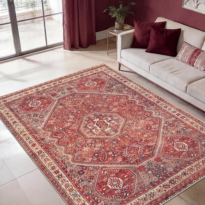 Keen Home Design Vintage Washable Area Rug, Non-Slip Low Pile, 5x7 | Machine Washable Cotton Chenille, 0.25In Low Pile, Rubber Non-Slip Back; Living Room, Bedroom, Dining Room, Office