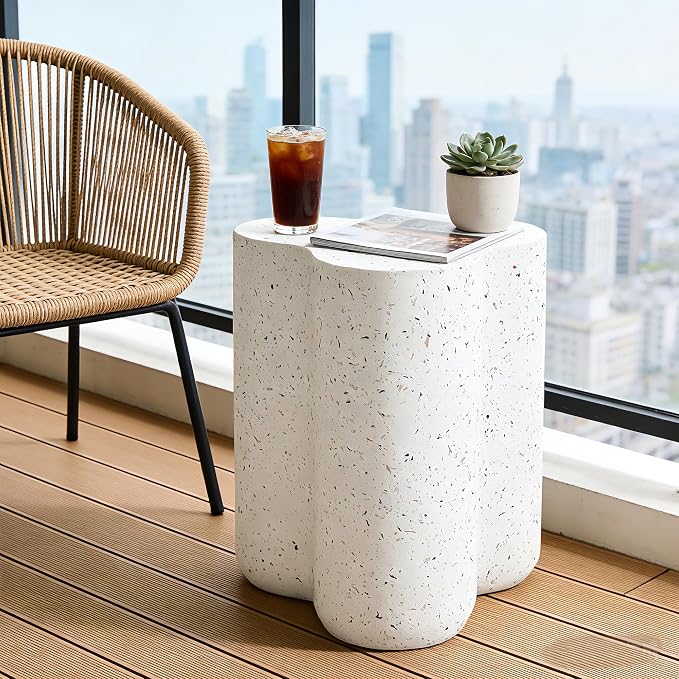 18” Side Table, Modern Outdoor Accent Table with Painted Faux Terrazzo-Look, Durable Lightweight Coffee Table Art Decor, Outside Garden Stool with Weatherproof MGO for Indoor Porch Garden