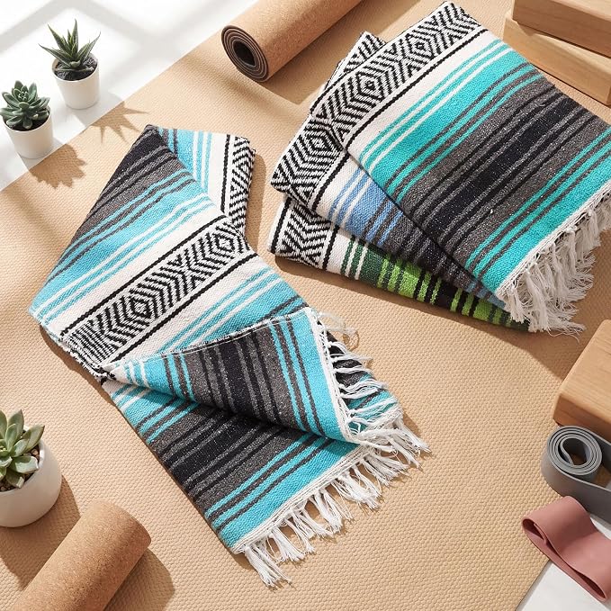 Oudain 4 Pcs Mexican Blankets Bulk Handwoven Mexican Yoga Blanket Towel Colorful Falsa Serape Woven Throw Blanket Boho Beach Blankets for Outdoor Camping Beach Picnic Travel Home (Blue Green)