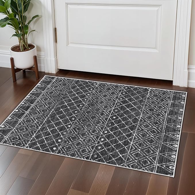 2x3 Entryway Small Area Rug: Washable Moroccan Geometric Door Mat Black | Non Slip Low-Pile Kitchen Runner for Bedroom Laundry Room - Small Soft Ultra Thin Scatter Carpet for Boho Chic Decor