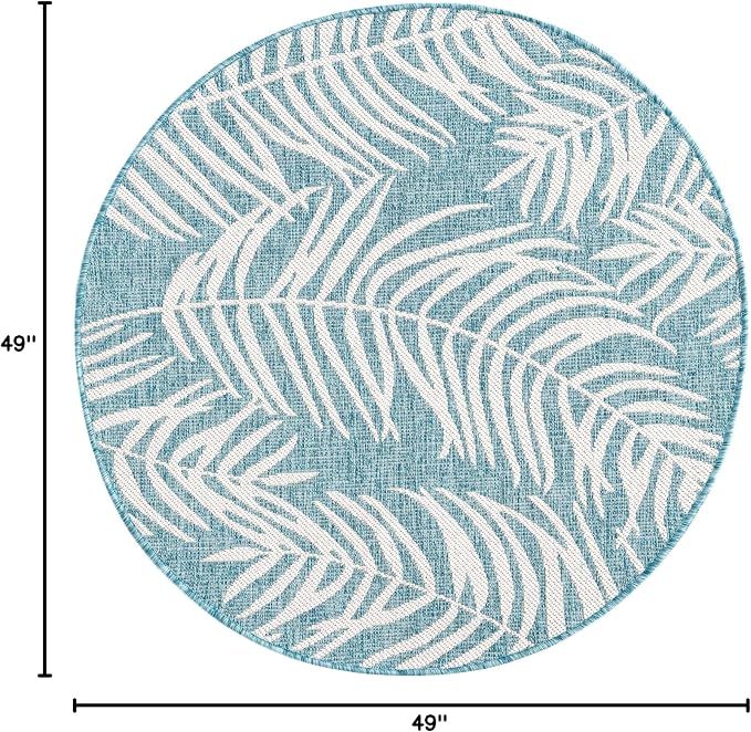 Unique Loom Outdoor Botanical Collection Area Rug - Palm (4' 1" Round, Light Aqua/ Ivory)
