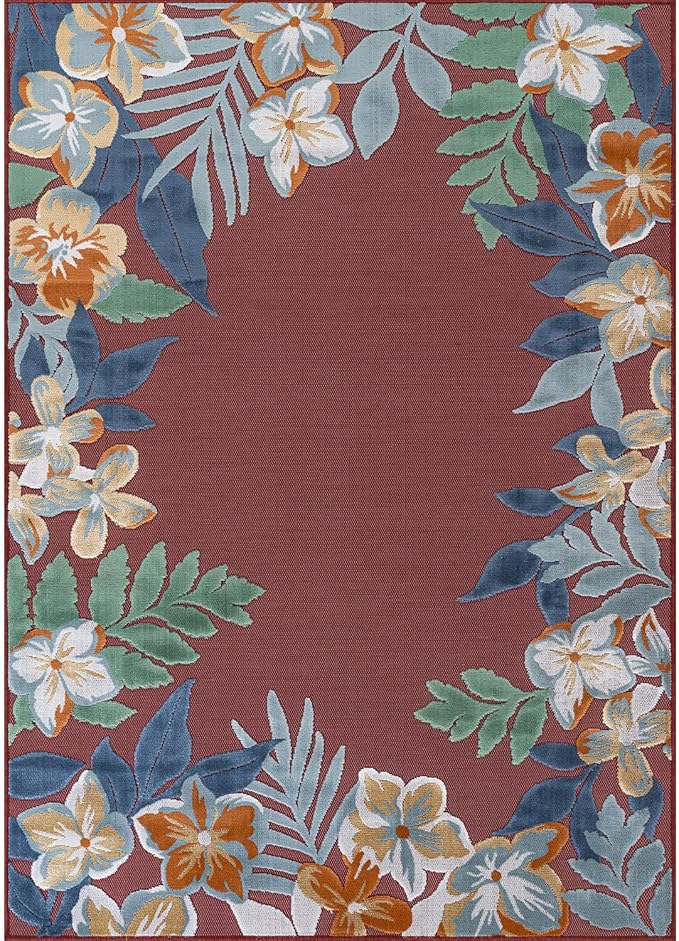 Outdoor Rug 10x14 Washable Area Rugs Indoor Outdoor Carpets Red Border Floral Non Shedding Waterproof Easy Clean Patio Deck Porch Living Room Bedroom Garden RV (10 X 14 Red)