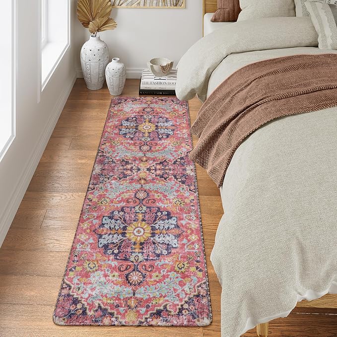 Lahome Reine Bohemian Floral Medallion Runner Rug, 2x6 Pink Hallway Runner Laundry Mat, Machine Washable Non-Slip Soft Indoor Carpet for Bathroom Bedside Basement Camper Home Decor, Fuchsia/Multi