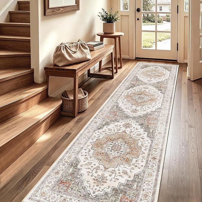 3x12 Vintage Runner Rug Low Pile Non-Slip Washable Kitchen Rug | Retro Distressed Print Rug Orange Gray Carpet Stain Resistant Non-Shedding Long Rug for Hallway Kitchen Bedroom Laundry Room