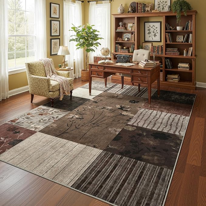DweIke Area Rugs 6'x9' Washable Brown Rug for Living Room, Non-Slip Modern Geometric Patchwork Stain Resistant Indoor Throw Carpet for Bedroom Dining Room Farmhouse Office Decor