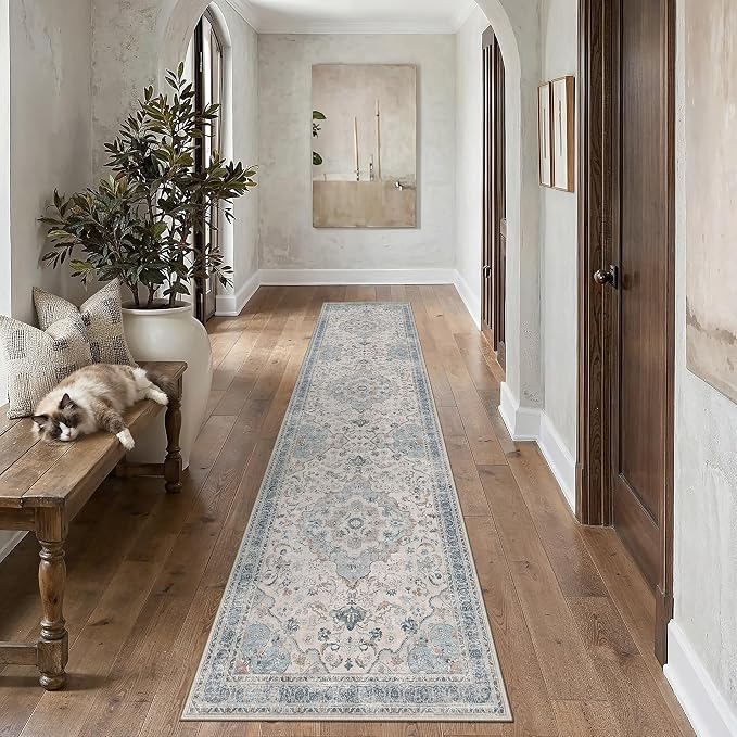 Blue Runner Rug 2.6x12 Entryway Vintage Floral Non-Slip Carpet | Machine Washable, Soft, Low Pile, Distressed, for Hallway, Kitchen, Laundry Room, Bathroom, Retro Neutral Decor