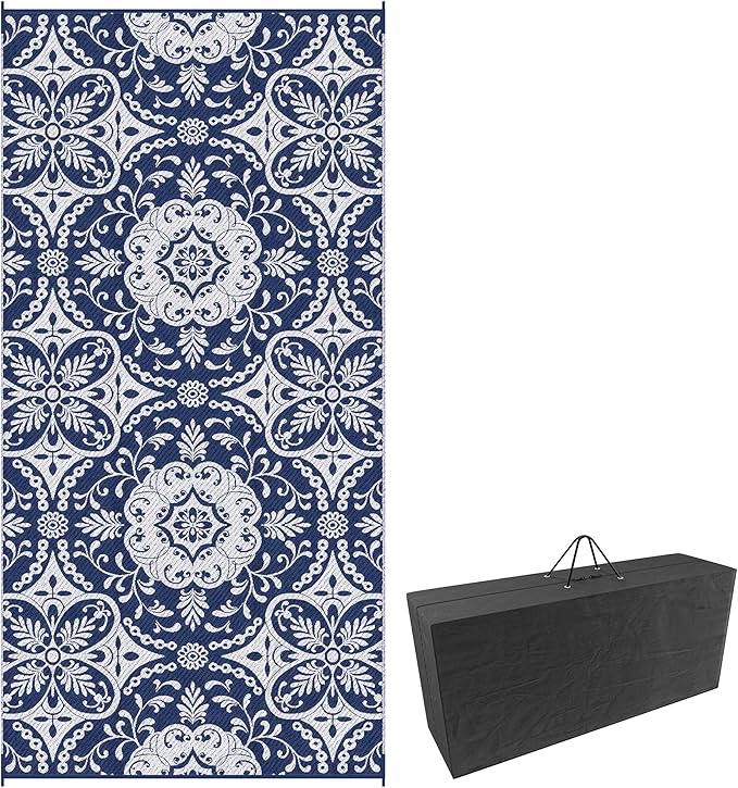 Outsunny Reversible Outdoor Rug Carpet, 9' x 18' Waterproof Plastic Straw Rug, Portable RV Camping Rugs with Carry Bag, Large Floor Mat for Backyard, Deck, Picnic, Beach, Blue & White Floral