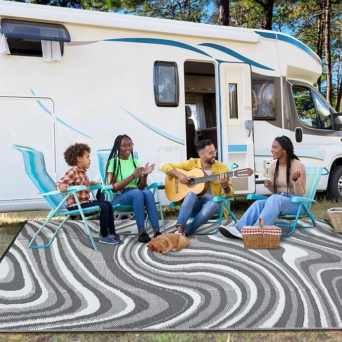 Garvee Outdoor Rug 9x12 Patio Waterproof, Abstract Outdoor Plastic Straw Rug Camping Rugs for Outside Your RV, Reversible Foldable Mats with Portable Bag for Balcony, Backyard, Picnic, Black Grey