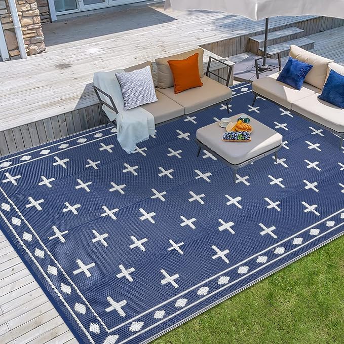 Outdoor Patio Rug 9x18 Waterproof Outside Area Rugs Modern Reversible Plastic Straw Carpet for RV Deck Camping Entryance Porch Picnic Balcony Beach，Navy/Blue