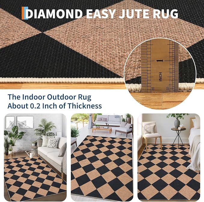 GarveeHome Easy Jute Area Rugs 6x9 for Living Room Non-Slip Backing Checkered Rugs Machine Washable Modern Indoor Outdoor Carpets for Dining Room Nursery Patio Bedroom Backyard Camping Black Tan
