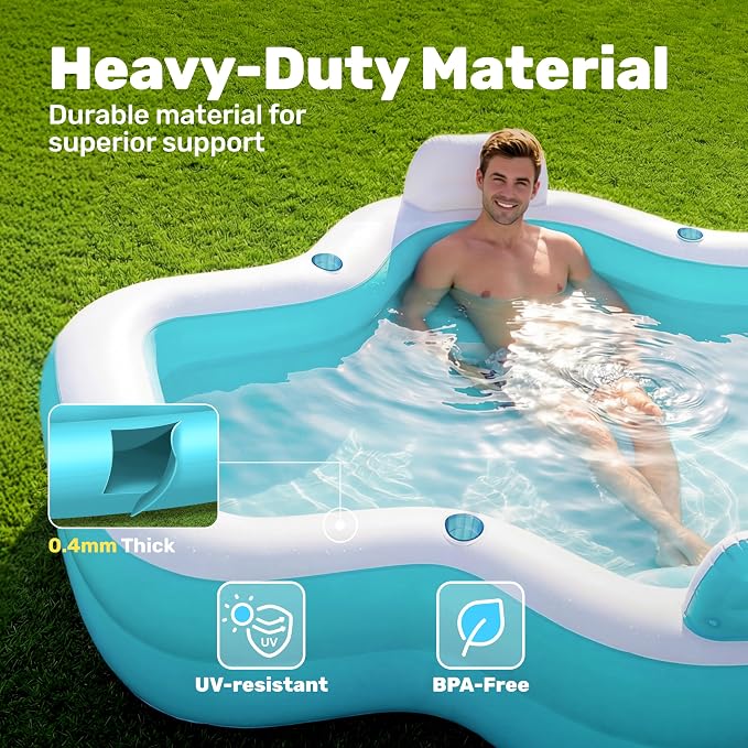 SLOOSH Inflatable Pool for Family with Seats, 120" x 101" x 26" Full-Sized Blow Up Durable Thickened Above Ground Pool with Backrest Cup Holders,Swimming Pools for Backyard Summer Water Lawn, Cyan