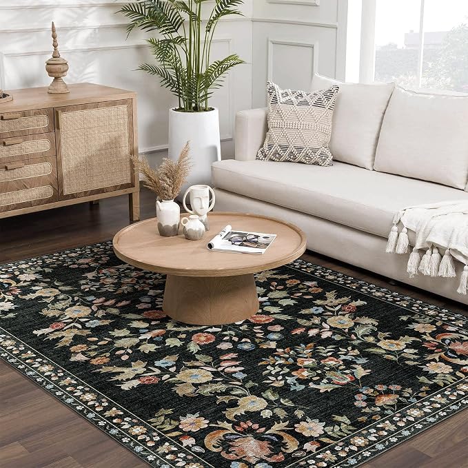 Washable Rug 4x6.5 Floral Area Rugs Non Slip Ultra-Thin | Machine Washable Small Throw Carpet for Bedroom Living Room Office Playroom Floor Indoor Low Pile Boho Vintage Black