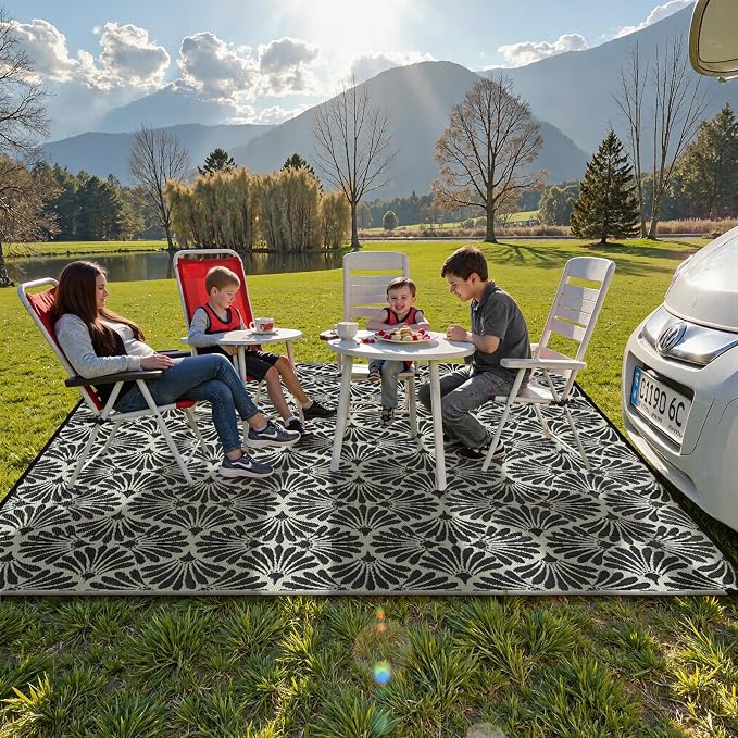 Lahome Outdoor Patio Rugs 8x10 Waterproof, Boho Outdoor Plastic Straw Rug for Porch, Stain Resistant Mats for Backyard Garden Deck Camping Outside, Black White,8'x10'