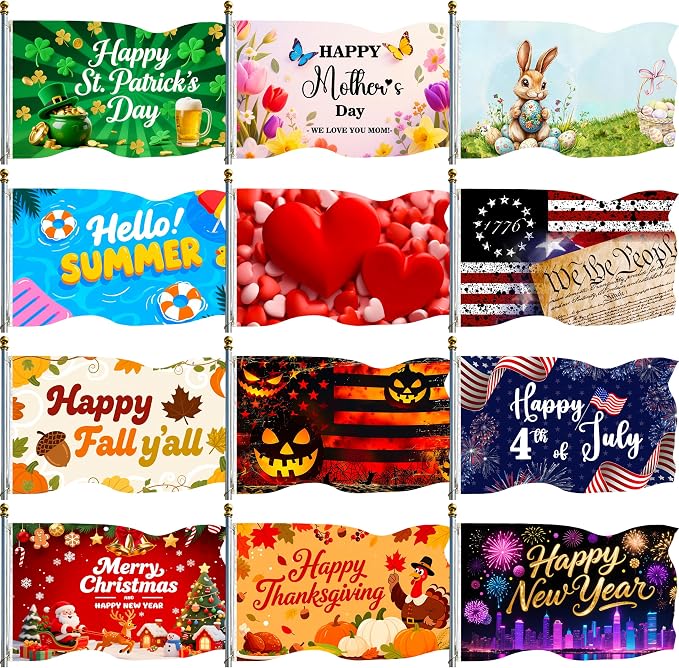 12Pcs Seasonal Garden Flags for Outside 3x5Ft Double Sided Yard Flags Holiday Banner with Grommets for All Seasons Holiday Decorations Fall Thanksgiving Halloween Christmas