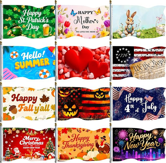 12Pcs Seasonal Garden Flags for Outside 3x5Ft Double Sided Yard Flags Holiday Banner with Grommets for All Seasons Holiday Decorations Fall Thanksgiving Halloween Christmas