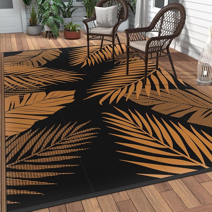 GENIMO Outdoor Rug 6' x 9' Waterproof for Patios Clearance, Reversible Outdoor Plastic Straw Camping Rug Carpet, Large Area Rugs Mats for RV, Camper, Deck, Balcony, Porch, Beach, Picnic, Orange&Black