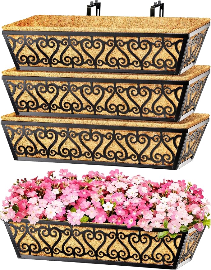 4 Pack 24 Inch Deck Railing Planter Box - Window Boxes Planters with Adjustable Brackets Coco Liners Balcony Planters Railing Hanging for Window Flower Boxes Outdoor Garden Decor