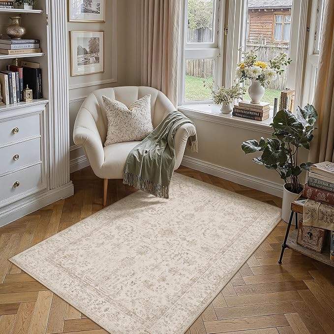 3x5 Beige Neutral Entryway Area Rug | Washable, Low Pile, Accent, Vintage, Soft, Non Slip, Small Mat for Bathroom Entrance Bedroom Indoor Home Decor