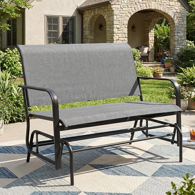 Shintenchi 2-Person Outdoor Glider Bench with Breathable Fabric, Steel Frame Patio Swing Chair, Ergonomic Design Metal Rocking Bench Loveseat for Patio, Backyard, Poolside, Gray