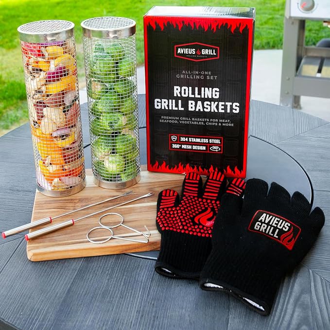 AVIEUS GRILL Rolling Grill Basket | Rolling Grilling Baskets for Outdoor Grilling 2 Pcs | Barbecue Grill Set with BBQ Gloves | Portable Camping Net Rack Perfect for Vegetables, Seafood & Meat
