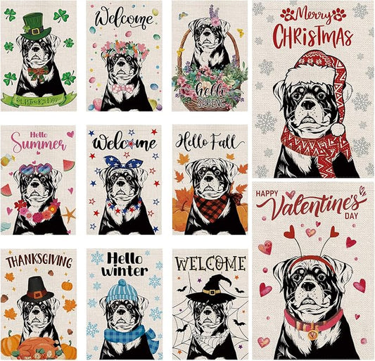 Seasonal Garden Flags Rottweiler Double Sided Flags Set of 11 Holiday Farmhouse Indoor Outdoor Yard Lawn Christmas Gifts Decorations 12.5x18 Inch