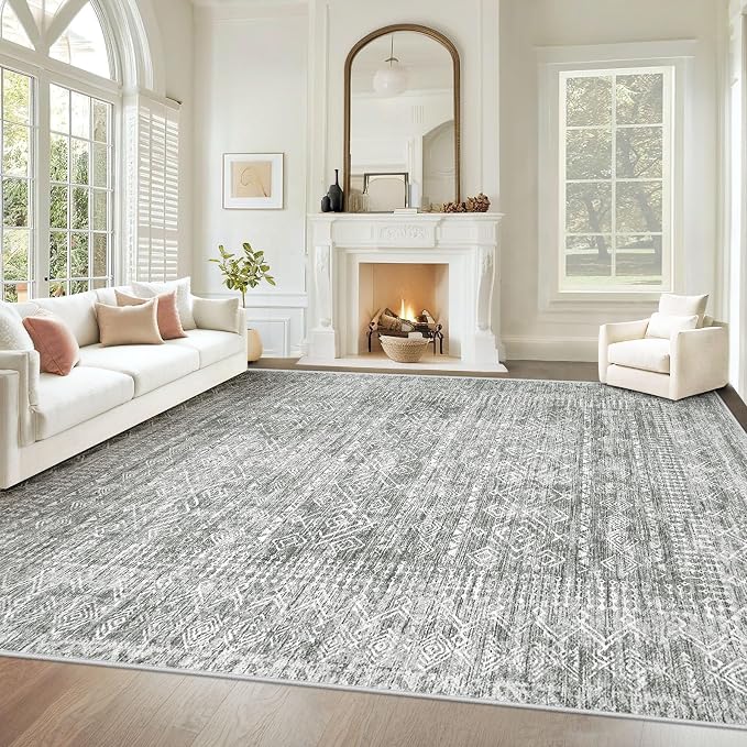 Living Room Rugs 8x10: Washable Moroccan Geometric Boho Rug Farmhouse Non Slip Stain Resistant Large Rug Low Pile Soft Carpet for Bedroom Dining Room Children Room (Grey,8'x10')