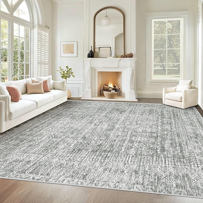 Living Room Rugs 9x12: Washable Moroccan Geometric Boho Rug Farmhouse Non Slip Stain Resistant Large Rug Low Pile Soft Carpet for Bedroom Dining Room Children Room (Grey,9'x12')
