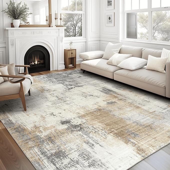 Machine Washable Area Rug - Living Room Bedroom Bathroom Kitchen Entryway Office - Padded Low Pile Stain Resistant Premium - Modern Abstract Contemporary - Quinn - Beige 5' x 7'
