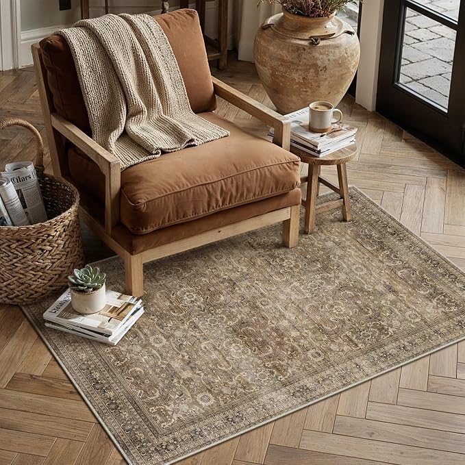 3x5 Brown Vintage Distressed Washable Area Rug for Entryway | Low Pile, Non Slip, Retro Style, Soft Distressed Indoor Rug for Entryway, Kitchen, Bathroom, Door Mat, Home Decor