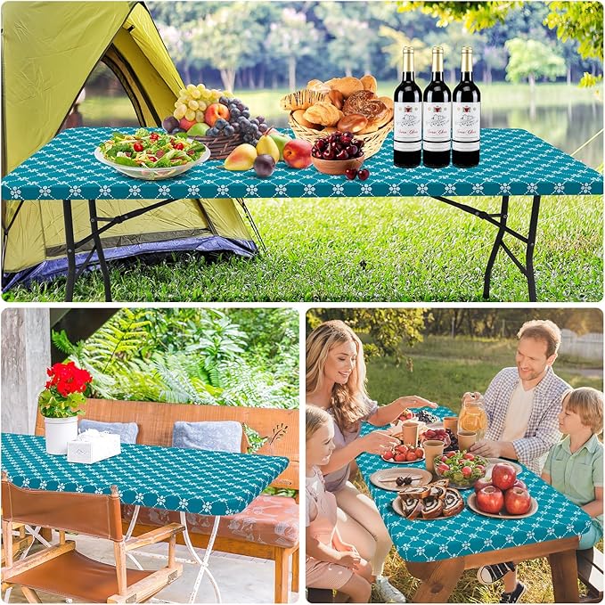 misaya Rectangle Vinyl Table Cloth, Elastic Fitted Tablecloth with Flannel Backing, Waterproof Plastic Table Cover Fits 4 Foot Folding Tables for Picnic, Camping, Indoor and Outdoor (Teal, 30" x 48")