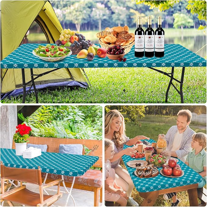 misaya 2 Pack Rectangle Vinyl Table Cloth, Elastic Fitted Tablecloth with Flannel Backing, Waterproof Plastic Table Cover Fits 6 Foot Folding Tables for Picnic, Camping and Outdoor (Teal, 30" x 72")