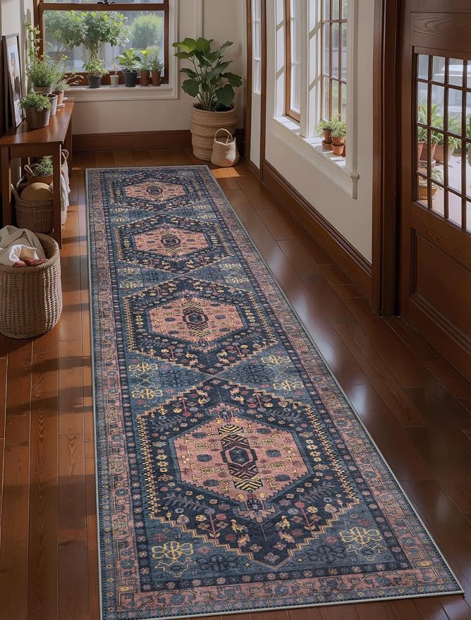 Ciicool 2x10ft Long Hallway Runner Rug,Thin Washable Carpet for Bedroom | Navy Soft Vintage Oriental Entry Boho Area Rugs for Entrance Bedside Living Room Kitchen Laundry Room Bathroom Indoor Deco