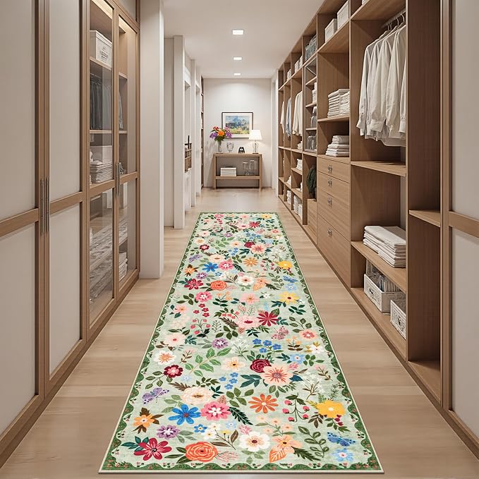 PLHXFR 3x10 Washable Runner Rug：Floral Indoor Kitchen Soft Carpet Green | For Hallway Bedroom Kitchen Laundry Bathroom Dorm,Vintage Floral,Machine washable,Non Slip,Stain Resistant,Indoor Floor
