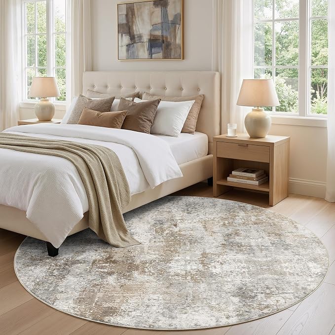 6Ft Round Area Rug Washable Abstract Rugs for Living Room Light Brown/Grey | for Bedroom, Dining Room, Office, Nursery, Soft Neutral, Low Pile Non-Slip, Kid Pet Friendly, Large Indoor Carpet, Home Decor