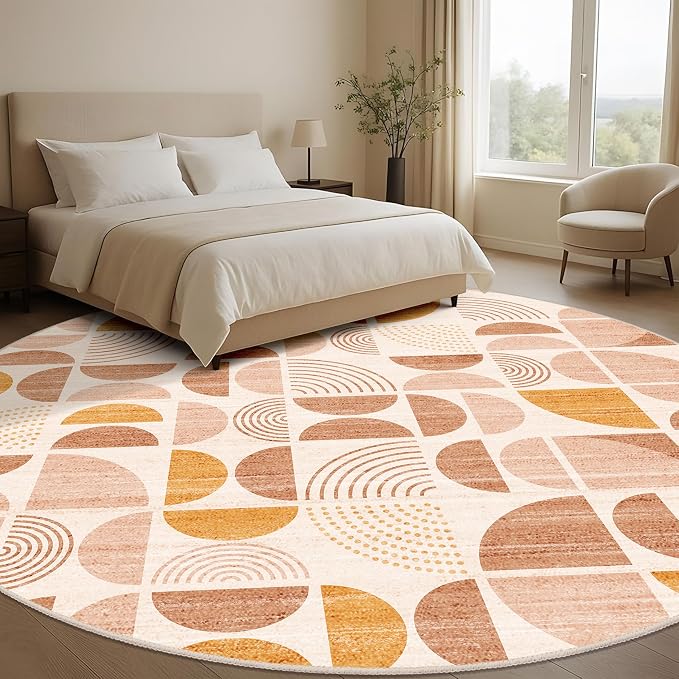 Round Rugs 9ft,Circle Area Rug Washable Non Slip Modern Abstract | Circular Rugs for Living Room Dining Room Boho Large Throw Carpet Soft Low Pile Floor Indoor Bohemian Orange