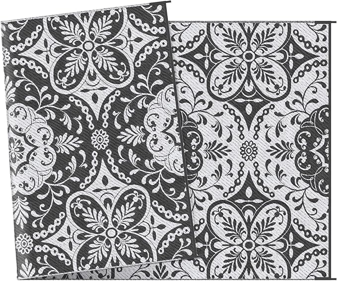 Outsunny Outdoor Rug for Patio, 9' x 18' Waterproof Large Mat, Reversible Plastic Straw Rug for Decor, Portable Outside RV Camping Area Carpet Mat for Backyard Porch Deck Picnic, Gray & White Floral