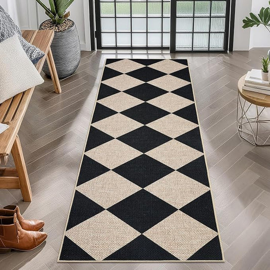 GarveeHome Easy Jute Rugs 2x8 Checkered Kitchen Runner Rugs Black | Non Skid Washable Stain Resistant Indoor Outdoor Rugs for Living Room, Bedroom, Dining, Patio - Farmhouse Style