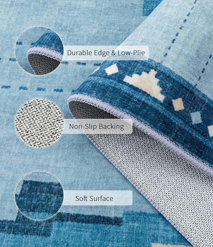 6'x9' Washable Area Rug for Living Room, Mid Century Modern Blue Rug | Soft, Non-Slip, Geometric Coastal Aztec Design, for Bedroom Dining Nursery Room Playroom, Low Pile, Pet Friendly